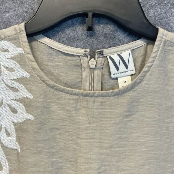 NWT WORTHINGTON Tops Women’s Large Tan Linen Blend Sleeveless Embroidered Blouse - Picture 3 of 15